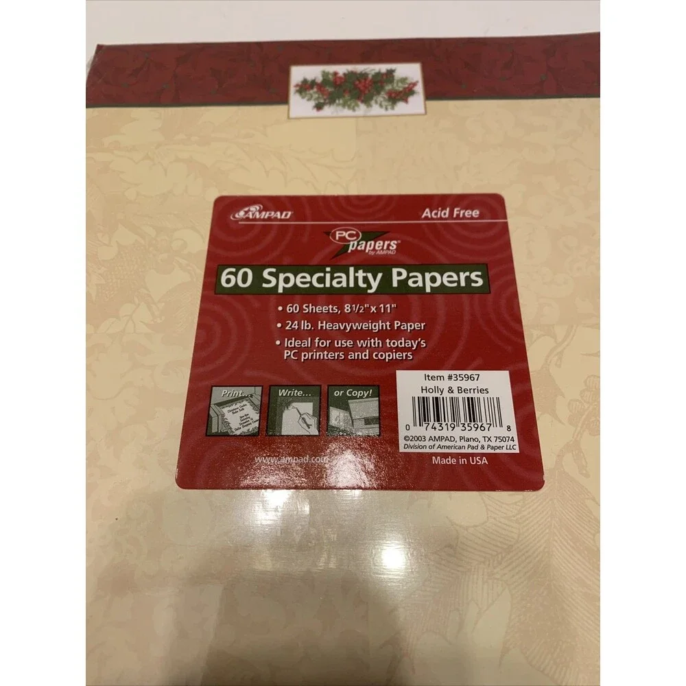 Ampad Pack Of 60 Specialty Papers Holly & Berries. NEW - Item #35967